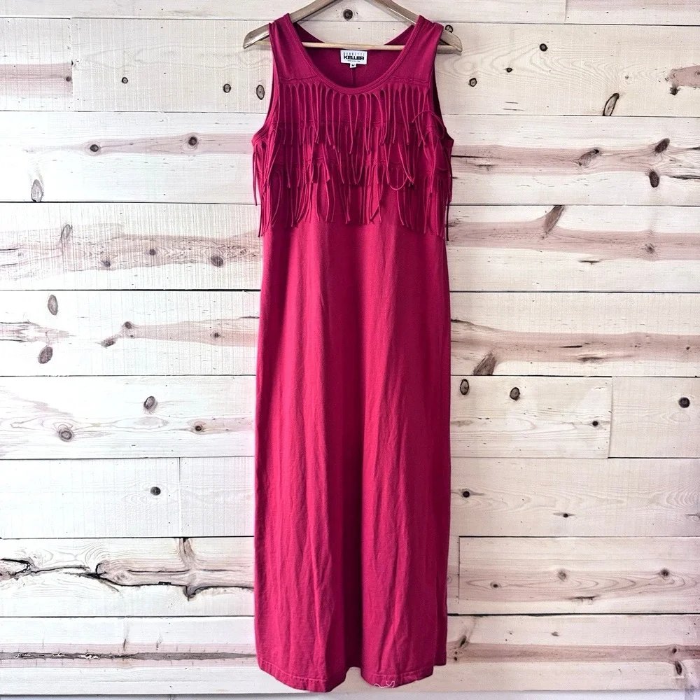 Vintage‎ Nannette Keller Womens M Bright Red Fringe Sleeveless Cotton Maxi Dress